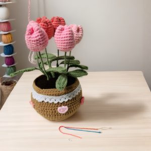 Handmade Yarn Crocheted Tulip Bouquet in Pot