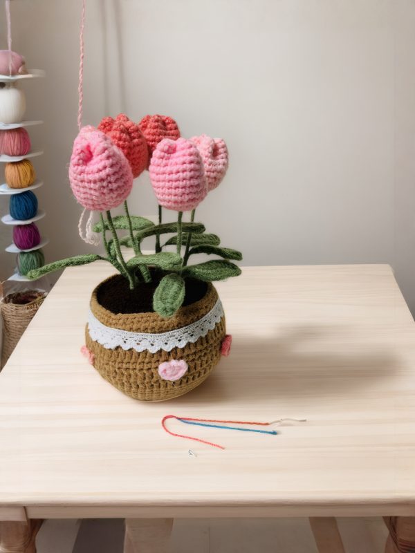 Handmade Yarn Crocheted Tulip Bouquet in Pot